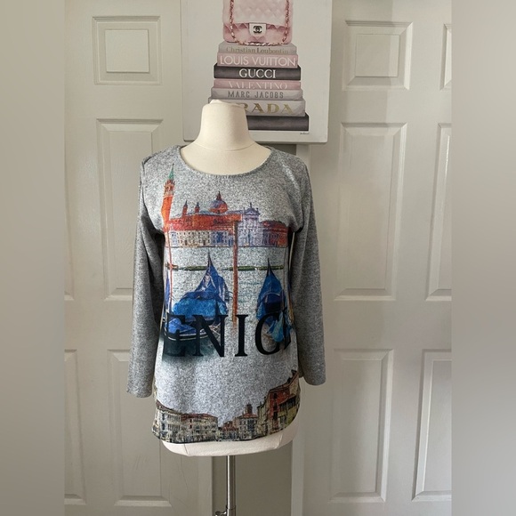 Venice Print Gray Long Sleeve Blouse - Picture 1 of 7